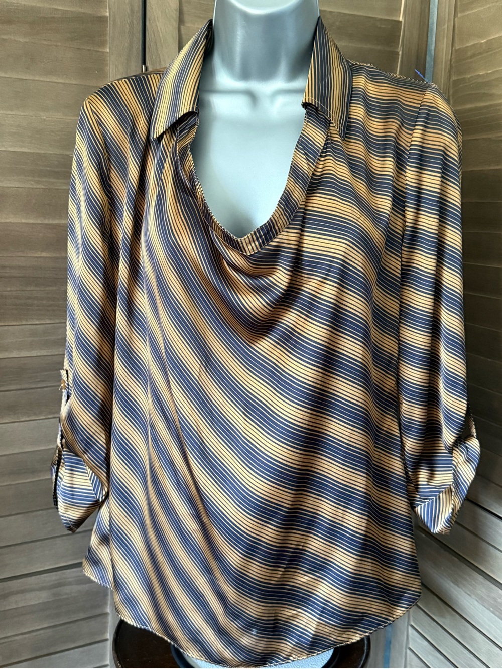 Stripped brown and navy, 3/4 sleeve, tunic business or casual.